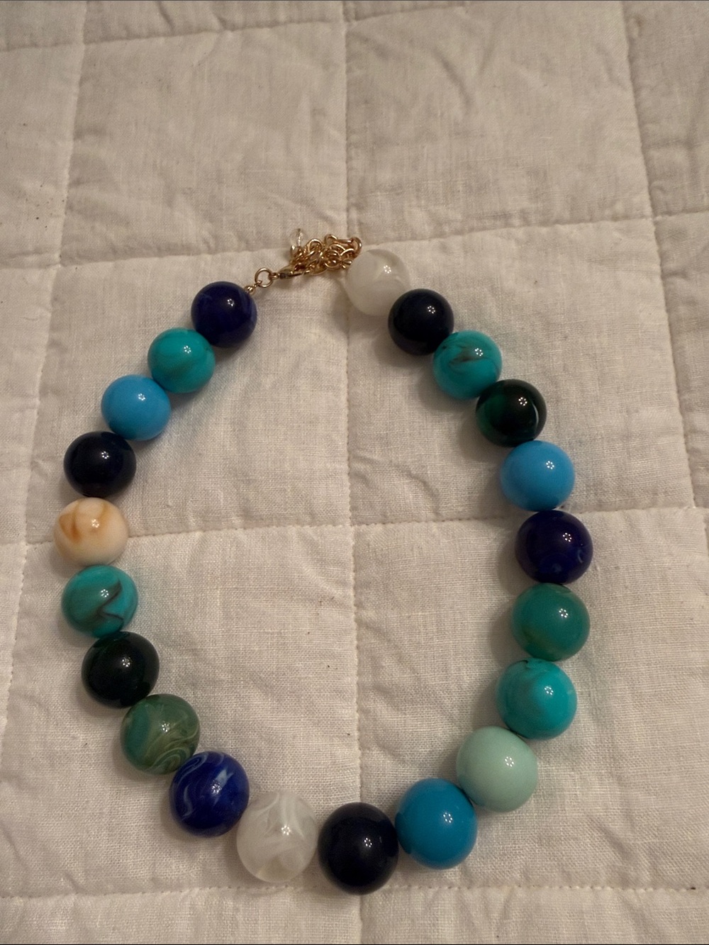 Amazon Blue, Teal & White Beaded Necklace with Gold-Tone Chain